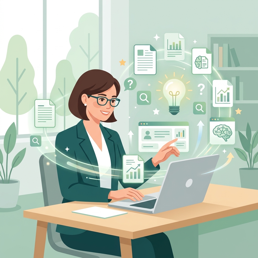 Opettaja käyttää tekoälytyökaluja kannettavalla tietokoneella